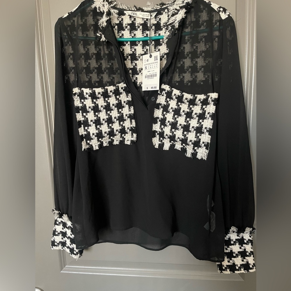 ZARA gothic SHEER Black and White Houndstooth Blouse see through NWT  S/M